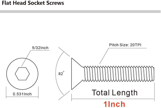 1/4-20 x 1" Flat Head Socket Cap Screws, Allen Socket Drive, Stainless Steel 18-8 (304), Full Thread, Bright Finish, 25 PCS