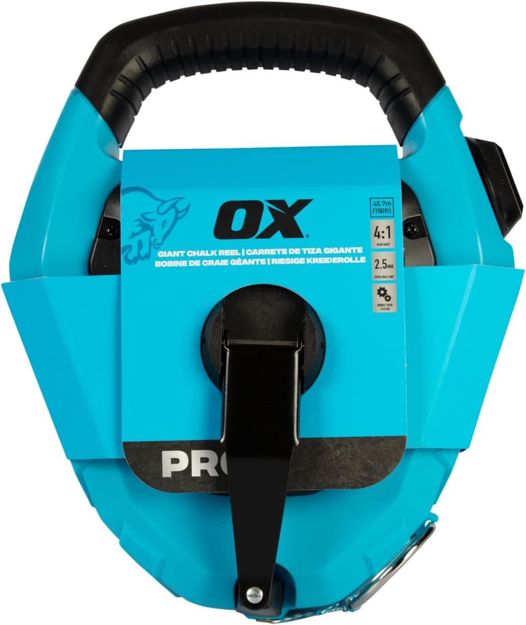 OX Pro Contractor Giant Chalk Line 150ft Quick-Wind Cotton Nylon Extra Bold Line Chalk Reel ABS Plastic Body with Rubber Grip - 4:1 Gear Ratio Professional Grade Marking Tool OX-P630703