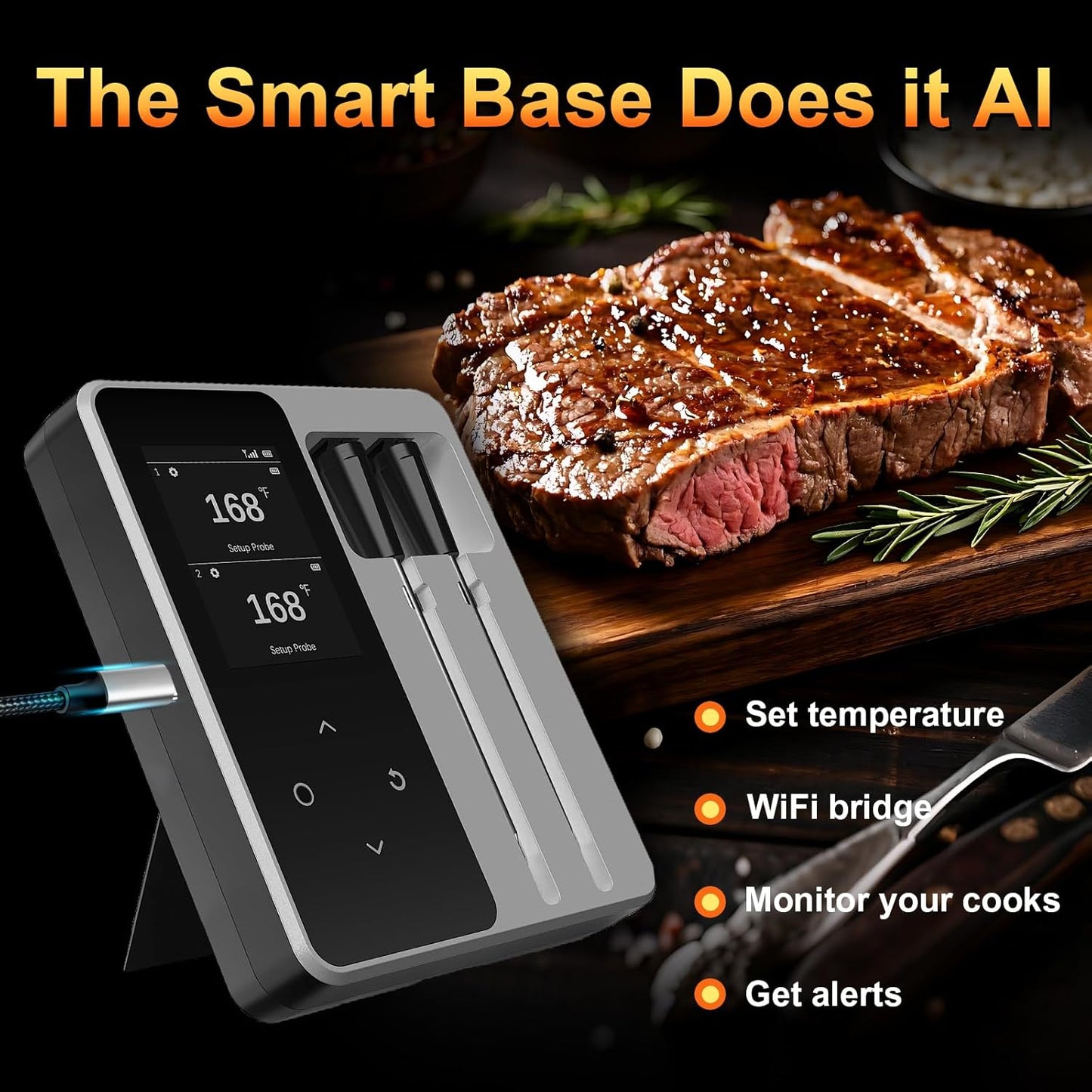 Wireless Bluetooth Meat Thermometer Digital with Standalone Base and 2 Meat Probes, APP Smart Remote Range Food Thermometer for Cooking, BBQ, Oven, Grill, Smoker, Air Fryer, Rotisserie