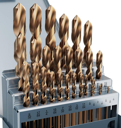 Cobalt Drill Bit Set, 29Pcs M35 High Speed Steel Bits for Hardened Metals, Stainless Steel, Cast Iron and Wooden Plastics, with Metal Index Storage Box, 1/16"-1/2"